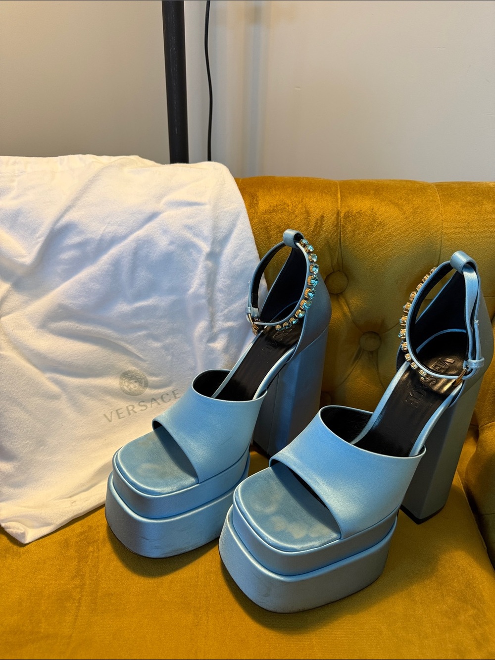 Versace Blue Silk Medusa Aevitas Platform Heel